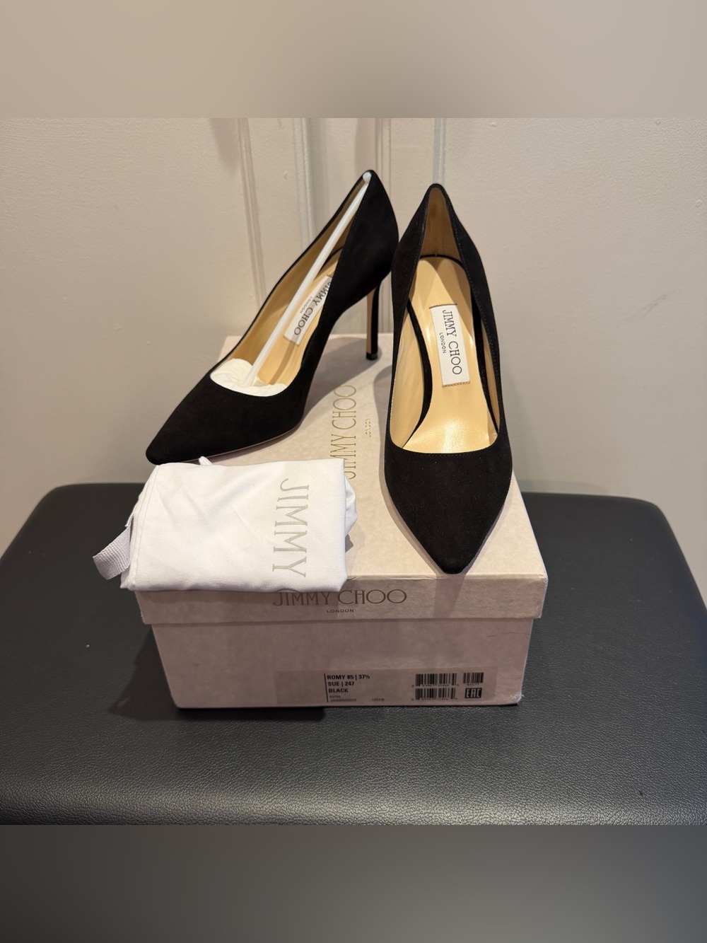 Brand New Jimmy Choo Romy 85 Black Suede Pointed Toe Pumps Women’s Size EU 37.5